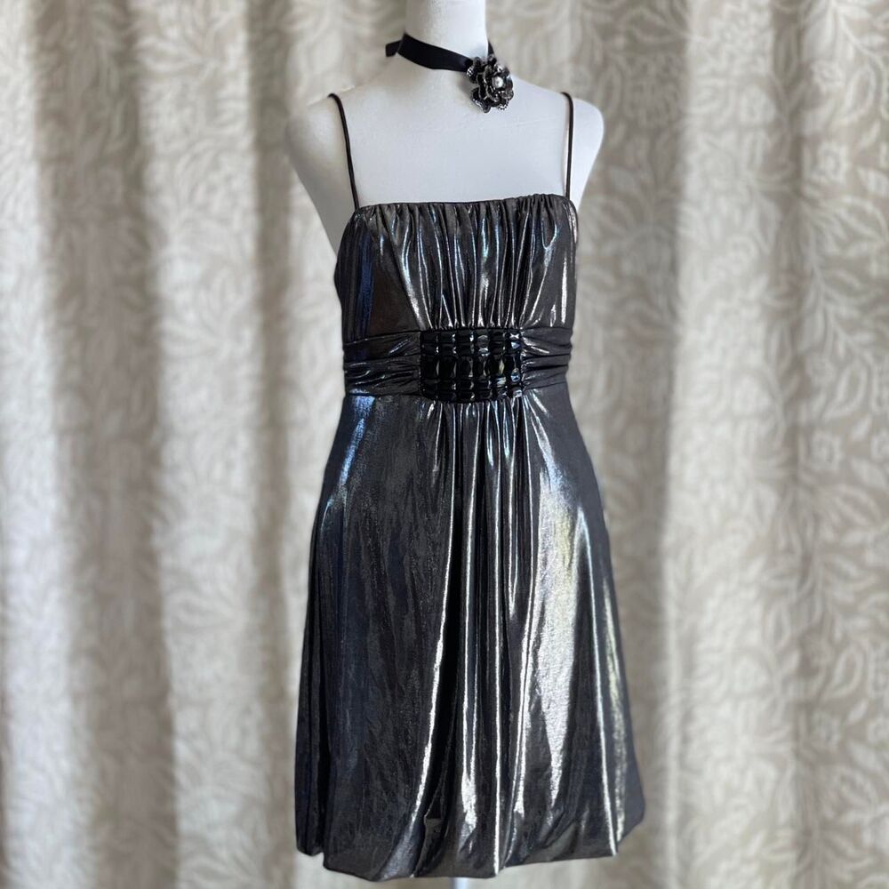 NWT Vintage Y2K Jessica McClintock Metallic Silver Spaghetti Strap Mini Dress 6 - Picture 1 of 8